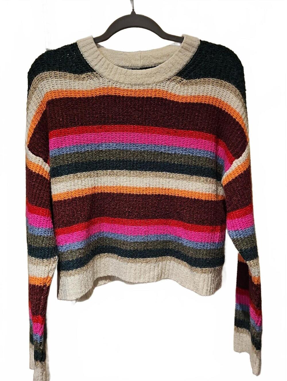 American Eagle Medium Chunky Striped Colorful Long Sleeve Cropped Womens Sweater